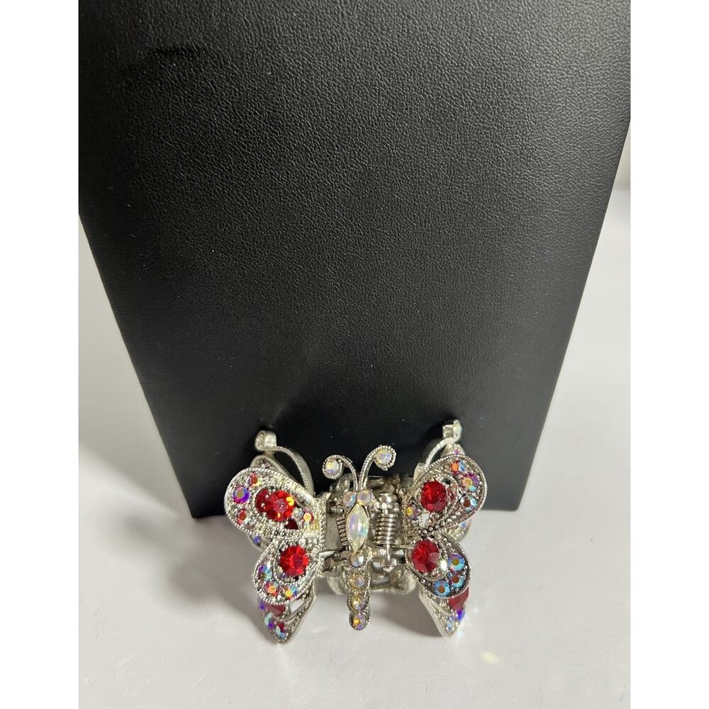 Vintage Silver Tone Rhinestone Red Clear Butterfly Hair Clip 2” H